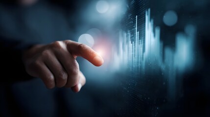 A hand points to a glowing digital interface displaying complex data charts and analytics in a futuristic setting