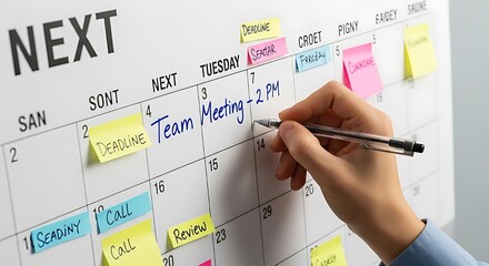 Close up of a hand writing on a large whiteboard calendar with sticky notes and tasks