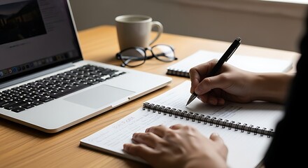 High-angle view of a person taking notes in a spiral notebook next to a laptop, pen in hand, focused on the writing