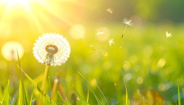 A close-up view of a dandelion in a field, with sunlight shining and fluffy seeds drifting away. Background is blurred green