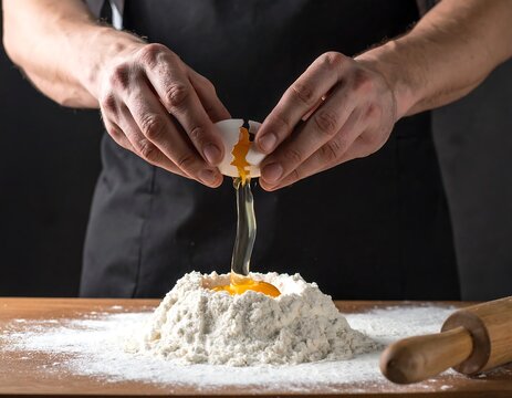 A person cracks an egg, letting the yolk and white fall into a flour mound. A rolling pin rests nearby on the wooden surface