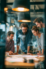 Group of creative professionals collaborating on project plans in modern workspace during daylight