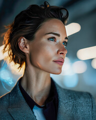 Stylish woman with short hair in a blazer posing confidently in a modern urban setting at night