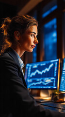 Woman analyzes financial data on multiple computer screens at night in a modern office space