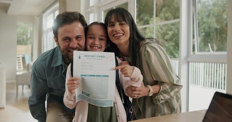 Face, happy parents and child with report card in home for good grades, test results or celebration. Excited family, pointing and girl student with document for academic progress or education success