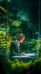 Business professional working intently at a computer desk surrounded by lush greenery in a modern office setting