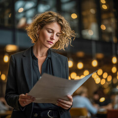 Business professional reviews documents in modern office setting during afternoon meeting