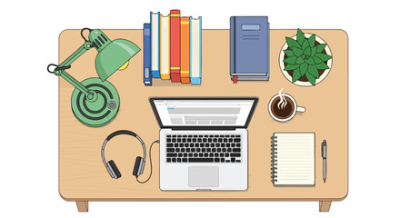 Creative Workspace Illustration: Top-Down View of Desk with Laptop, Books, Lamp, and Coffee for Home Office or Study Ambience