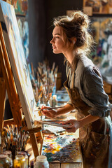 Young artist painting on easel in cozy studio filled with art supplies