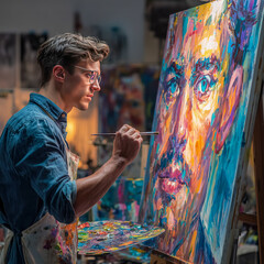 Young artist painting vibrant portrait in studio during afternoon light