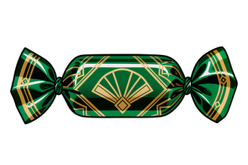 Elegant art deco style Christmas candy canes with geometric golden patterns and emerald green wrapper, isolated on transparent background