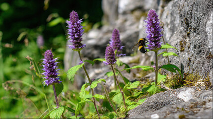 hyssop. Close-up of purple hyssop flowers in a rocky crevice with a bee collecting pollen in sunlight. gardening catalogs, home-decor guides, designed for home decor and floral branding.
