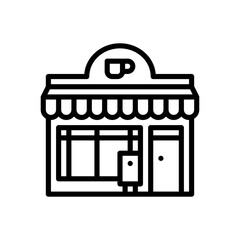 Simple black line art icon of a storefront building with awning windows and a cup logo on top transparent background