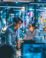 Young professionals collaborate in a modern office space during an evening brainstorming session