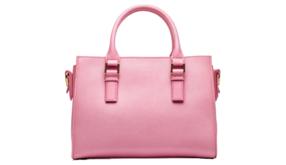 Stylish, rectangular, pastel-pink handbag with structured silhouette, top handles, & gold accents