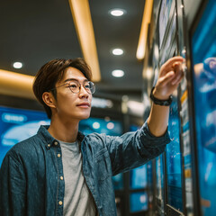 Young man interacts with digital displays in a modern technology exhibition during evening hours