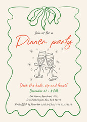Hand-drawn Christmas invitation template for cocktail parties. Perfect for Jingle and Mingle events. Charming, coquette style with festive motifs
