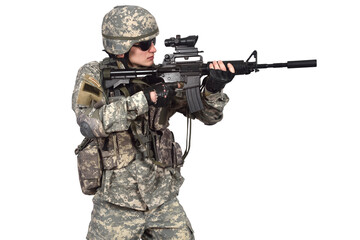 American soldier's in uniform holds a rifle