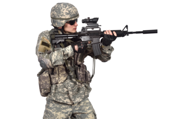 American soldier's in uniform holds a rifle