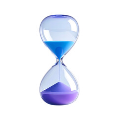 A transparent, detailed hourglass with blue & purple sand flowing against a black backdrop