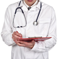 Doctor in lab coat with stethoscope holding red clipboard