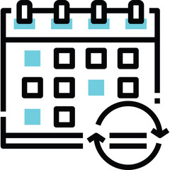 Simple blue and black calendar icon with circular arrows indicating recurring events on a transparent background representing scheduling and planning organized daily weekly monthly agenda reminders