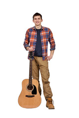 Man stands at full height with a acoustic guitar