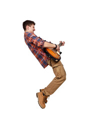 A man wearing dark glasses plays an electric guitar.