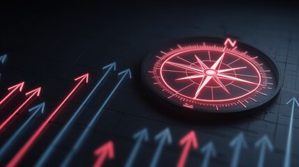 Fototapeta premium Modern compass on dark surface with luminous arrows illustrating direction and growth concepts in business and navigation settings