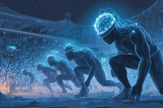 Spectators watch athletes in futuristic helmets prepare for a race in a high-tech stadium filled with cheering fans
