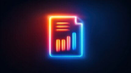 Colorful Neon Document Icon with Graph Elements Representing Data Insights, Reports, and Financial Growth in Dark Atmosphere for Modern Design Usage