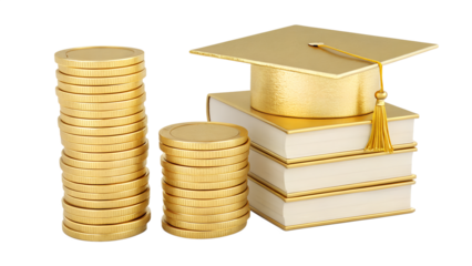 3D Render: Stack of Gold Coins, Books, and Graduation Cap