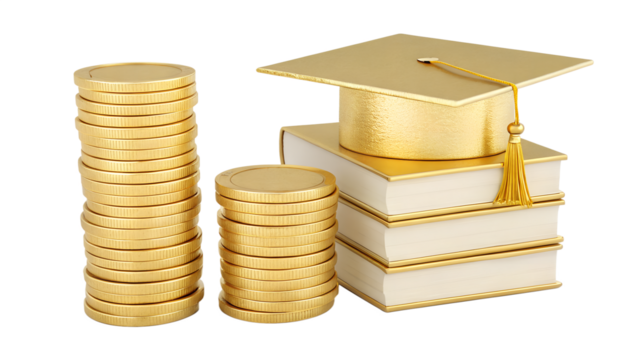 3D Render: Stack of Gold Coins, Books, and Graduation Cap
