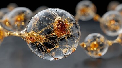 Abstract glowing golden network weaving through transparent spheres representing interconnected sustainable business units driving profit.