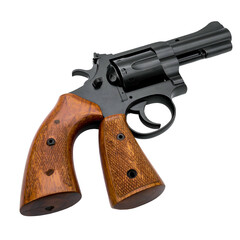 Dark revolver, wooden grip, barrel pointing upward, isolated on black background, studio shot