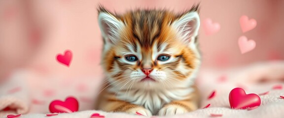 Adorable fluffy kitten with hearts, smitten expression, cute, petting