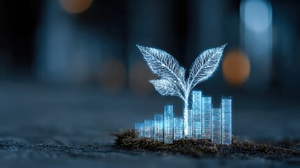 Futuristic Plant Growth Concept Representing Sustainability and Technology with Bars Symbolizing Data and Environmental Progress in a Dark Background