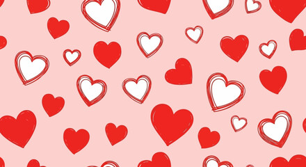 A vector illustration of a seamless pattern featuring hand-drawn red hearts on a light pink background, white background