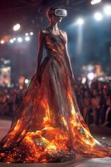 Fototapeta premium Model showcases futuristic lava-themed dress at an evening fashion show with virtual reality technology