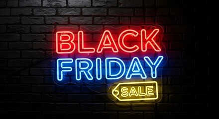 Fototapeta premium Glowing Red and Blue Neon 'BLACK FRIDAY SALE' Sign on Dark Brick Wall