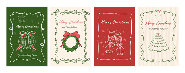 Hand drawn la dolce vita Christmas doodles. Vector cards with bows and candles. Minimalist winter line art. Trendy Coquette posters set. Whimsical tree with satin bows