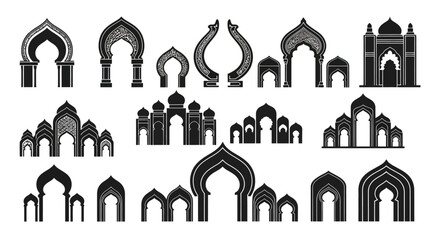 A vector illustration featuring a collection of diverse Arabic archway silhouette designs, white background