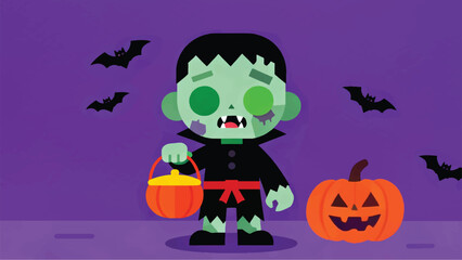 Cute Zombie Kid Illustration Carrying Candy Basket, Flat Vector, Colored Halloween Theme Vector Design Template