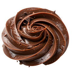 A close-up view of dark chocolate frosting artfully swirled, sprinkled with chocolate flakes