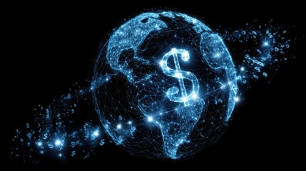 Futuristic Digital Illustration of Earth Connected by Financial Data and Currency Symbols in a Networked Global Economy Concept