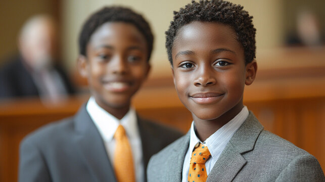 Young boy stands with attorney in courthouse setting Generative AI - Powered by Adobe