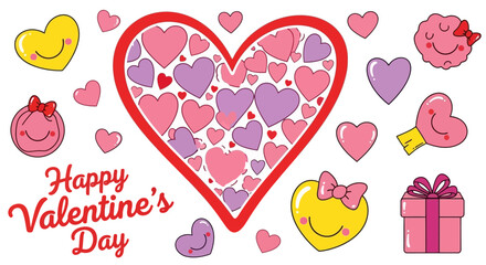 A cheerful vector illustration showcasing various Valentine's Day themed elements in a playful style, white background