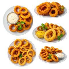 Five plates with golden-brown fried onion rings, served with various dipping sauces