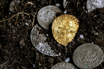 Ancient coins of the Polish King Sigismund III Vasa.A hoard of medieval European gold and silver coins.Numismatics.Collection of old coins.Antikvariat.