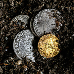 Ancient coins of the Polish King Sigismund III Vasa.A hoard of medieval European gold and silver coins.Numismatics.Collection of old coins.Antikvariat.
